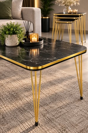 SuloraHome Siyah ve Gold Metal Ayaklı 4'lü Sehpa Seti