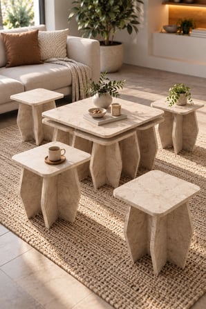 SuloraHome 5'li Modern Traverten Görünümlü Sehpa Seti