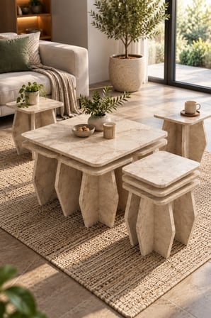 SuloraHome 5'li Modern Traverten Görünümlü Sehpa Seti