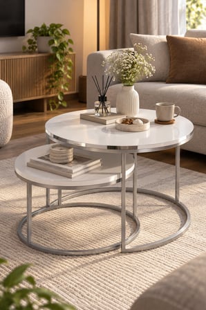 SuloraHome Gümüş Metal Ayaklı Beyaz 2'li Yuvarlak Orta Sehpa Seti