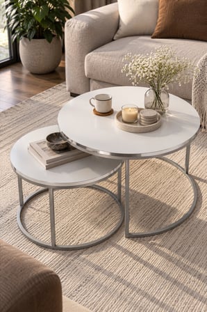 SuloraHome Gümüş Metal Ayaklı Beyaz 2'li Yuvarlak Orta Sehpa Seti
