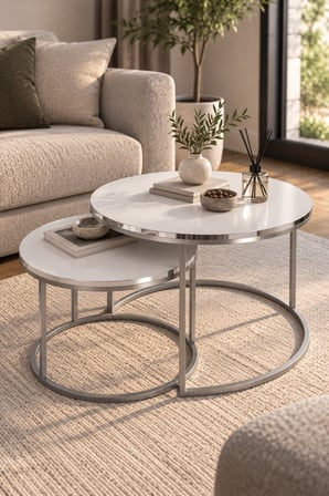 SuloraHome Gümüş Metal Ayaklı Beyaz 2'li Yuvarlak Orta Sehpa Seti
