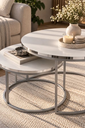 SuloraHome Gümüş Metal Ayaklı Beyaz 2'li Yuvarlak Orta Sehpa Seti