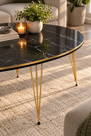 SuloraHome Oval Mermer Desenli Siyah Orta Sehpa Gold Metal Ayaklı
