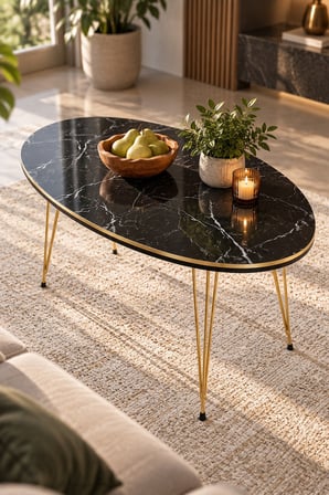 SuloraHome Oval Mermer Desenli Siyah Orta Sehpa Gold Metal Ayaklı
