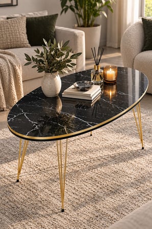 SuloraHome Oval Mermer Desenli Siyah Orta Sehpa Gold Metal Ayaklı