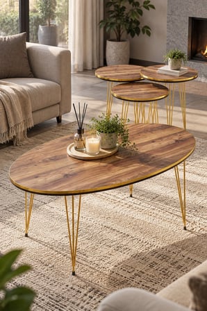 SuloraHome Ceviz Desenli Gold Tel Ayaklı 4'lü Sehpa Seti