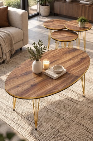 SuloraHome Ceviz Desenli Gold Tel Ayaklı 4'lü Sehpa Seti