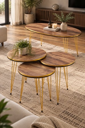 SuloraHome Ceviz Desenli Gold Tel Ayaklı 4'lü Sehpa Seti