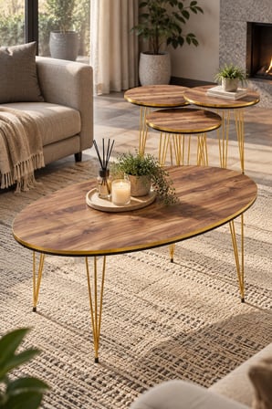 SuloraHome Ceviz Desenli Gold Tel Ayaklı 4'lü Sehpa Seti