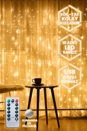 Zauss Kumandalı 8 Ayrı Moda Sahip 3mx3m (300 Cm X 300 Cm) Perde Led 10 Saçaklı Gün Işığı