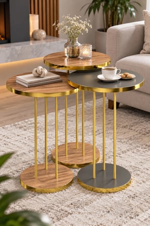 SuloraHome Ceviz Desenli Gold Ayaklı Yuvarlak 3'lü Zigon Sehpa Takımı