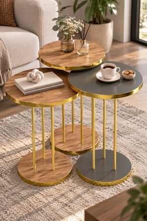 SuloraHome Ceviz Desenli Gold Ayaklı Yuvarlak 3'lü Zigon Sehpa Takımı