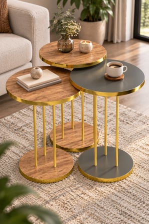 SuloraHome Ceviz Desenli Gold Ayaklı Yuvarlak 3'lü Zigon Sehpa Takımı