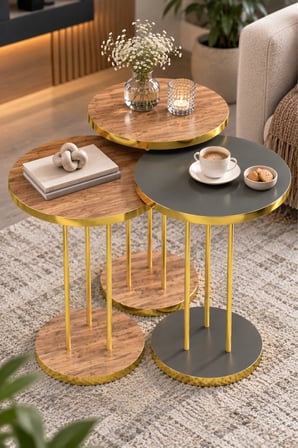 SuloraHome Ceviz Desenli Gold Ayaklı Yuvarlak 3'lü Zigon Sehpa Takımı