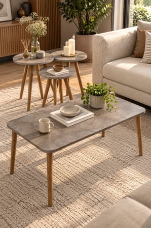SuloraHome 4'lü Sehpa Seti - Ahşap Ayaklı İskandinav Tarzı
