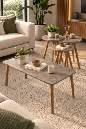 SuloraHome 4'lü Sehpa Seti - Ahşap Ayaklı İskandinav Tarzı