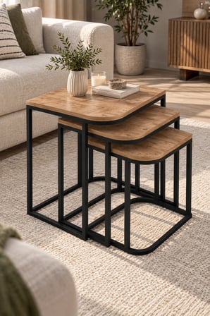 SuloraHome 3'lü Damla Zigon Sehpa Seti Kahverengi Metal Ayaklı