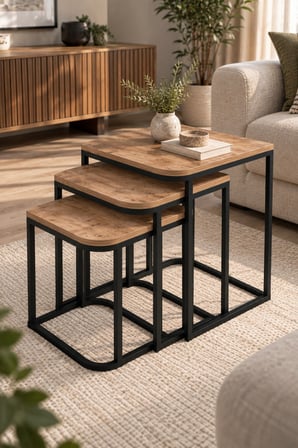 SuloraHome 3'lü Damla Zigon Sehpa Seti Kahverengi Metal Ayaklı