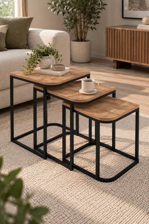 SuloraHome 3'lü Damla Zigon Sehpa Seti Kahverengi Metal Ayaklı
