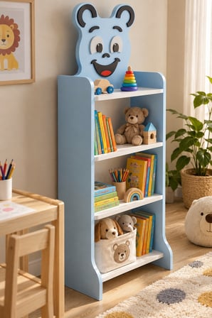 SuloraHome Mavi Figürlü 4 Raflı Çocuk Kitaplığı ve Oyuncak Düzenleyici