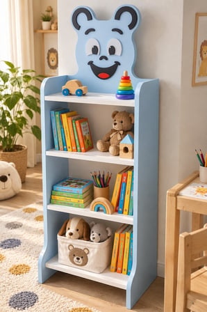 SuloraHome Mavi Figürlü 4 Raflı Çocuk Kitaplığı ve Oyuncak Düzenleyici