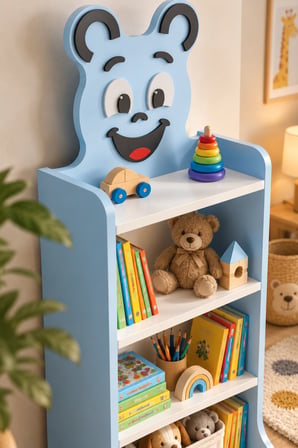 SuloraHome Mavi Figürlü 4 Raflı Çocuk Kitaplığı ve Oyuncak Düzenleyici