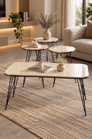 SuloraHome Siyah Tel Ayaklı Krem 4'lü Sehpa Seti