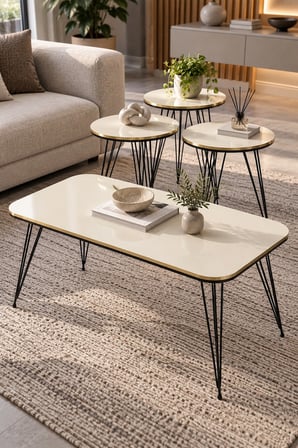 SuloraHome Siyah Tel Ayaklı Krem 4'lü Sehpa Seti