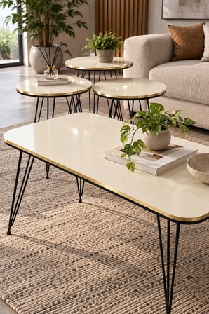 SuloraHome Siyah Tel Ayaklı Krem 4'lü Sehpa Seti
