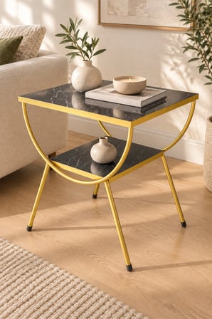 SuloraHome Gold Metal Yan Sehpa Bendir Siyah Mermer Desenli