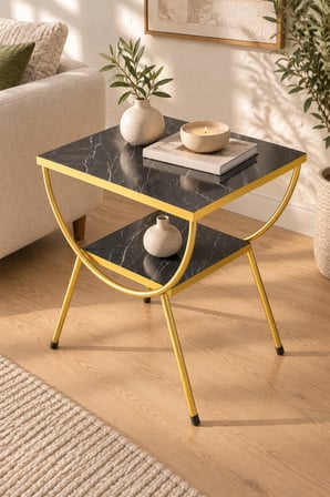 SuloraHome Gold Metal Yan Sehpa Bendir Siyah Mermer Desenli