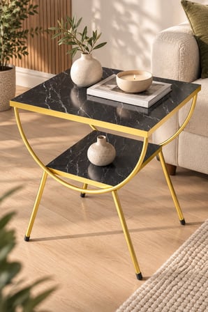 SuloraHome Gold Metal Yan Sehpa Bendir Siyah Mermer Desenli
