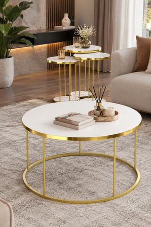 SuloraHome 4'lü Beyaz ve Gold Metal Ayaklı Sehpa Seti