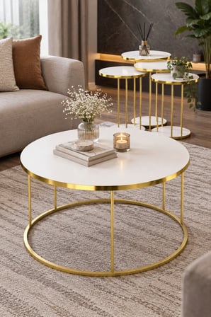 SuloraHome 4'lü Beyaz ve Gold Metal Ayaklı Sehpa Seti