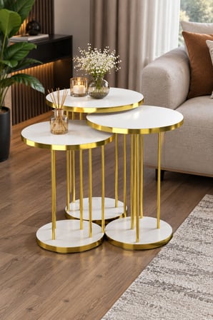 SuloraHome 4'lü Beyaz ve Gold Metal Ayaklı Sehpa Seti