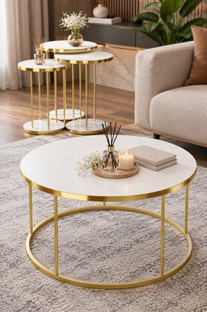 SuloraHome 4'lü Beyaz ve Gold Metal Ayaklı Sehpa Seti