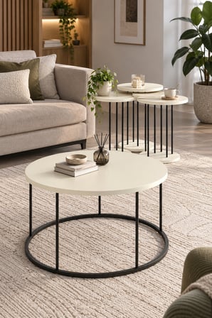 SuloraHome Siyah Metal Ayaklı Krem Bej 4'lü Sehpa Seti