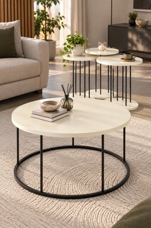 SuloraHome Siyah Metal Ayaklı Krem Bej 4'lü Sehpa Seti