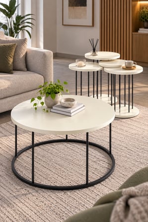 SuloraHome Siyah Metal Ayaklı Krem Bej 4'lü Sehpa Seti