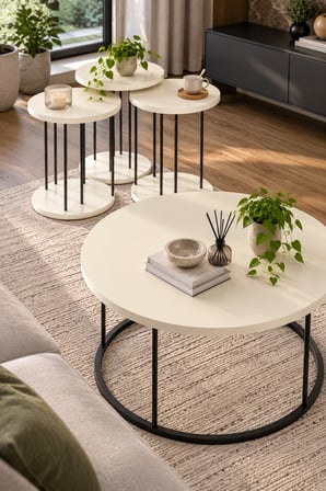 SuloraHome Siyah Metal Ayaklı Krem Bej 4'lü Sehpa Seti