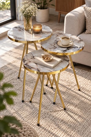 SuloraHome Beyaz Mermer Görünümlü Gold Metal Zigon Sehpa Seti 3'lü