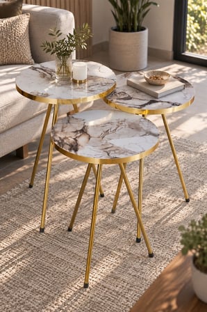 SuloraHome Beyaz Mermer Görünümlü Gold Metal Zigon Sehpa Seti 3'lü