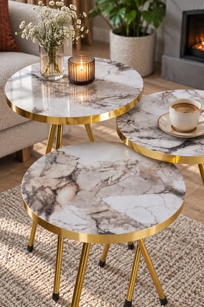 SuloraHome Beyaz Mermer Görünümlü Gold Metal Zigon Sehpa Seti 3'lü