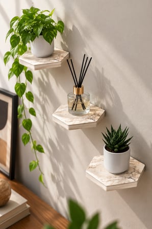 SuloraHome 3'lü Altıgen Mermer Desenli Duvar Rafı Seti Beyaz