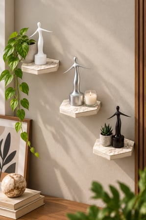 SuloraHome 3'lü Altıgen Mermer Desenli Duvar Rafı Seti Beyaz