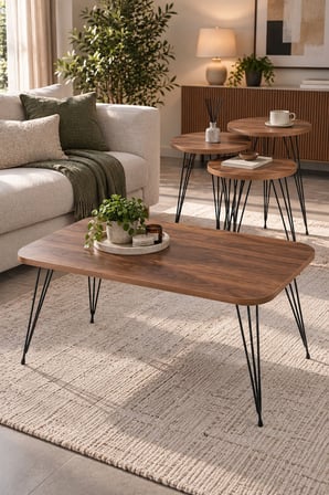 SuloraHome Ceviz Desenli 4'lü Sehpa Seti Metal Ayaklı