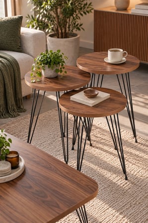 SuloraHome Ceviz Desenli 4'lü Sehpa Seti Metal Ayaklı