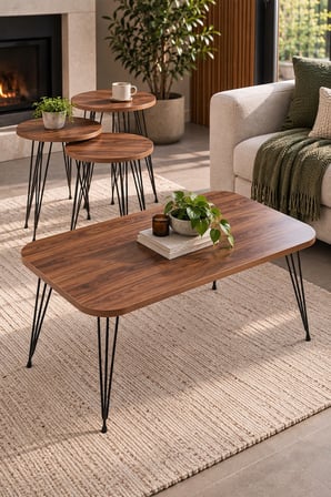 SuloraHome Ceviz Desenli 4'lü Sehpa Seti Metal Ayaklı