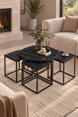 SuloraHome 5'li Sehpa Seti Bendir Siyah Mermer Desenli Metal Ayaklı